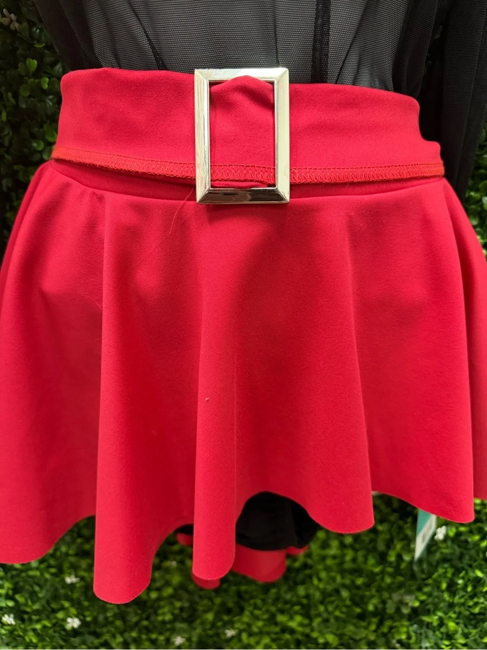 Black Sheer Dance Bodysuit with Cream Collar and Cuffs and Red Skirt